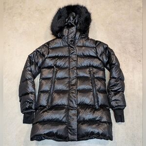 Diane Von Furstenberg Women's M Black Puffer Coat with Faux-Fur Hood Goose Down
